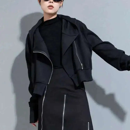 Load image into Gallery viewer, Black Zipper Irregular Big Size Short Jacket New Hooded Long Sleeve Women Coat Fashion Tide Spring Autumn 2025 1DH7062
