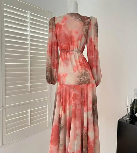 Spring French Fashion Vintage Red Print Elegant V Neck Bow Bandage Party Dress Women Long Sleeves Festival Dress Bohemian Trendy