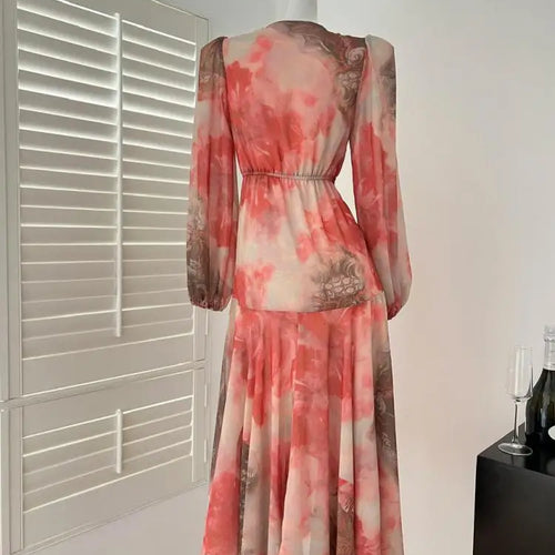 Load image into Gallery viewer, Spring French Fashion Vintage Red Print Elegant V Neck Bow Bandage Party Dress Women Long Sleeves Festival Dress Bohemian Trendy
