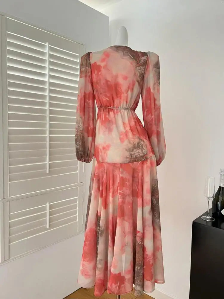 Spring French Fashion Vintage Red Print Elegant V Neck Bow Bandage Party Dress Women Long Sleeves Festival Dress Bohemian Trendy