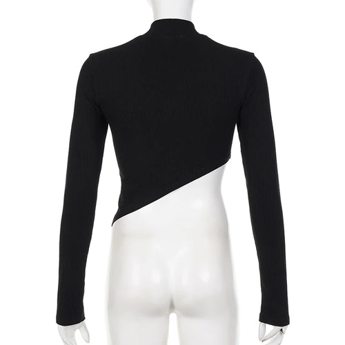 Load image into Gallery viewer, Casual Black Cotton Slim Women T-shirt Top Asymmetrical Long Sleeve Korean Tee Shirts Metal Basic Spring Autumn Shirt
