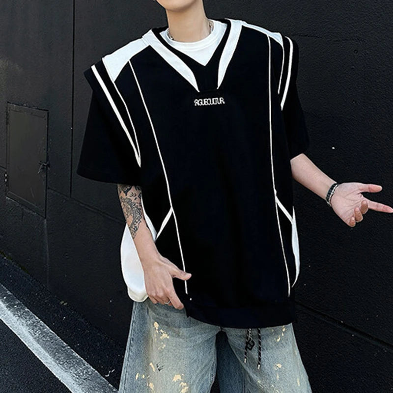 Men's T-shirts Short Sleeve Trendy Contrast Color Shoulder Pad Fake Two-piece Handsome Design Pullover Menwear 9W1703