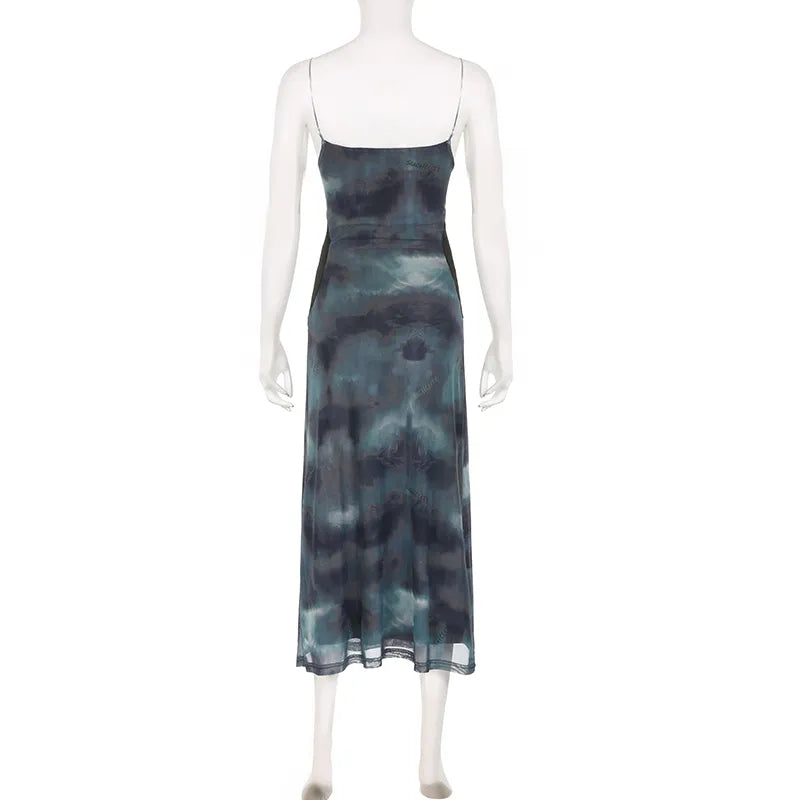 Fairycore Tie Dye Folds Spliced Summer Mesh Dress Female Strap Vintage Chic Y2K Sundress Long Dresses Holidays Print