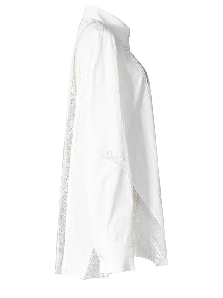 Women White Striped Lace Hollow Out Big Size Blouse New Lapel Long Sleeve Shirt Fashion Tide Spring Autumn 2025 7AB9277