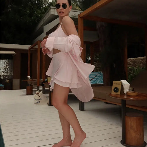 Load image into Gallery viewer, Summer Beach Two Piece Sets Women Long Sleeve Shirt And Mini Skirt Female See Through Loose 2 Piece Set Beachwear
