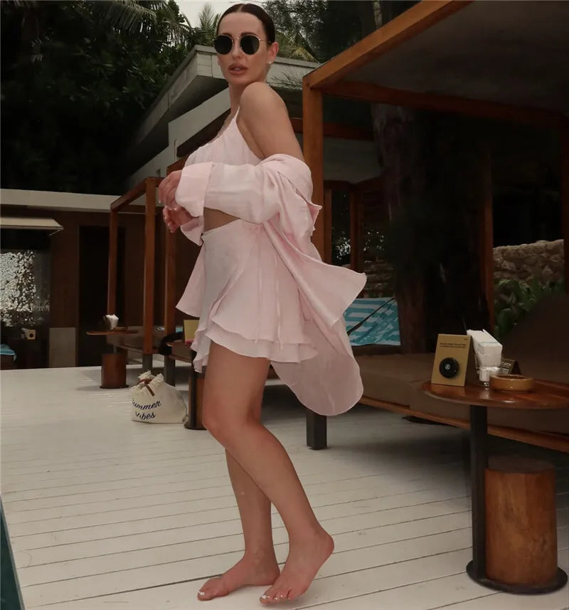 Summer Beach Two Piece Sets Women Long Sleeve Shirt And Mini Skirt Female See Through Loose 2 Piece Set Beachwear