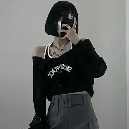 Korean Hoodies for Women Sexy Slash Neck Long Sleeve Casual Cropped Sweatshirts Outfits Fashion Two Piece Sets Y2k Clothing