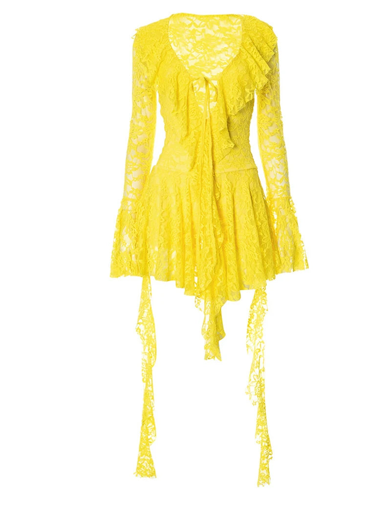 Lace Ruffled Sexy Mini Dress For Women Robe Deep V Neck Flare Long Sleeve Draped A-line Club Party Dress Vestido