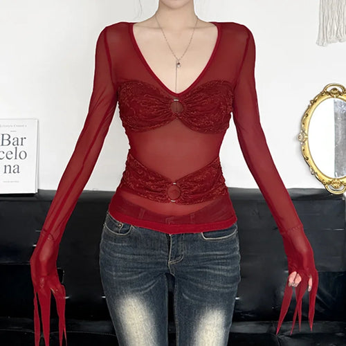 Load image into Gallery viewer, Fairy Coquette Top y2k Clothes Women Sheer See Through V Neck Flared Long Sleeve Lace T Shirt 2000s Clothing Streetwear
