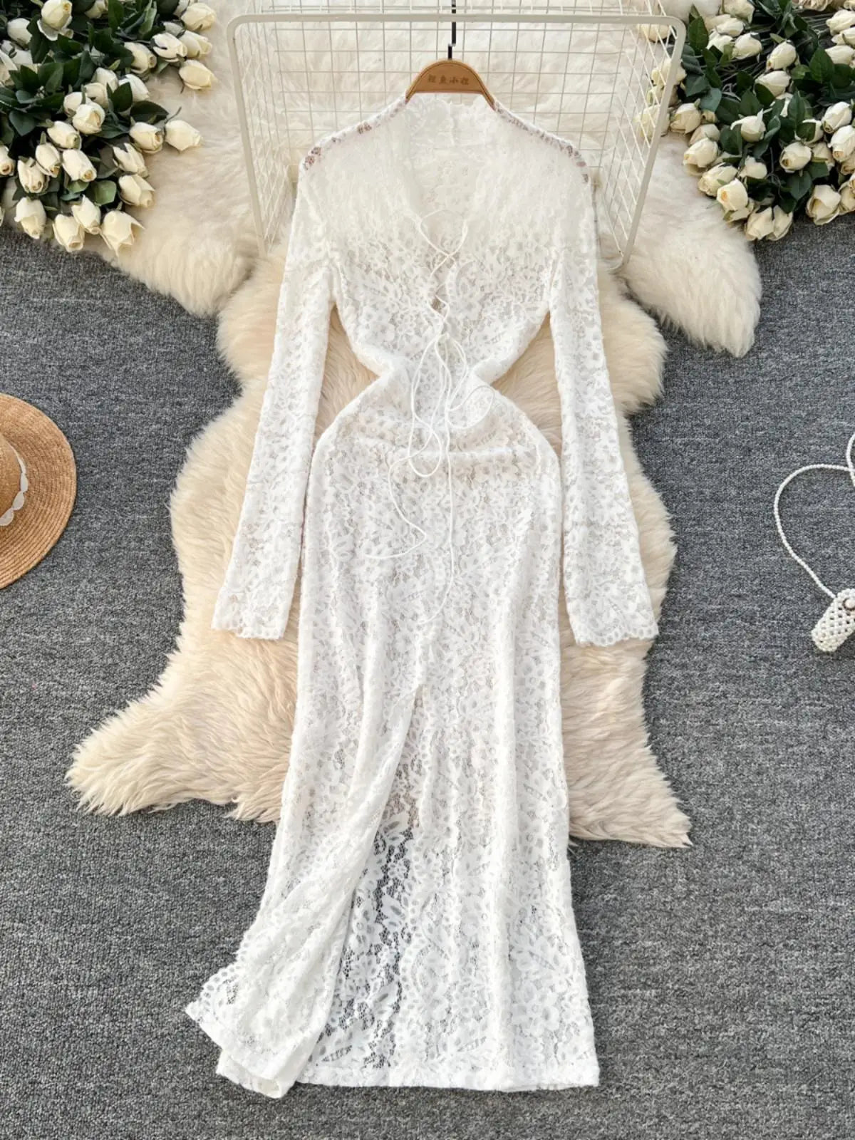 Vintage Women White Lace Hollow Out Bandage Elegant Party Dress French Fashion Long Sleeve Vacation Split Dress 2025 Autumn Chic