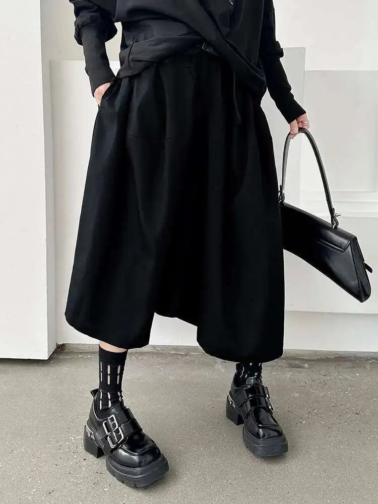 High Elastic Waist Black Belted Calf-Length Wide Leg Pants New Trousers Women Fashion Tide Spring Autumn 2025 1DH9367