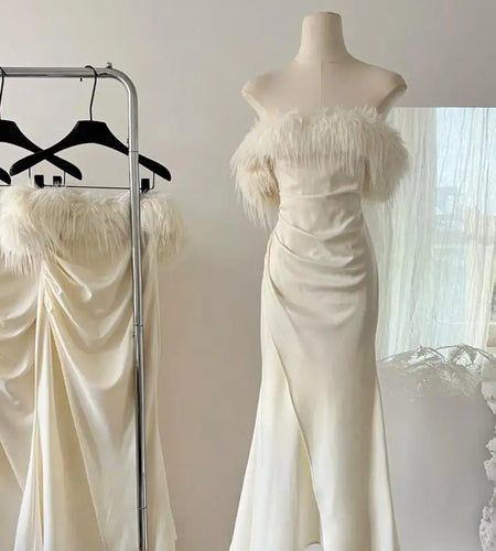 French Women's Beige Elegant Sexy Off Shoulder Pleated Long Dress Autumn New Sleeveless Hairy Neck Strapless Evening Party Dress