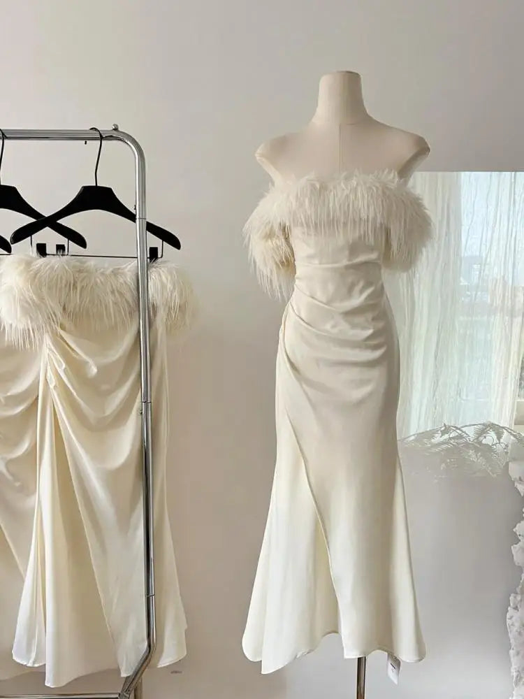 French Women's Beige Elegant Sexy Off Shoulder Pleated Long Dress Autumn New Sleeveless Hairy Neck Strapless Evening Party Dress