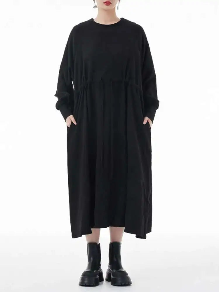 Women Army Green Big Size A-line Long Dress New Round Neck Long Sleeve Loose Fashion Tide Spring Autumn 2025 1DH3874