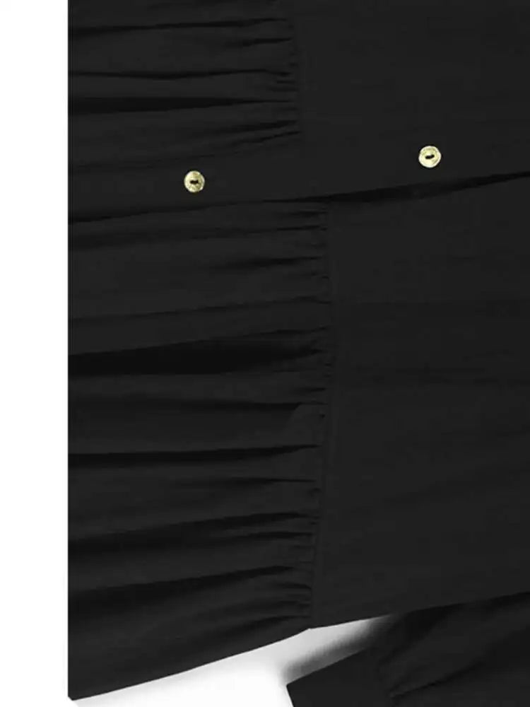 Women Black Big Size Elegant Shirt Dress Brief Pleated Hem New Lapel Long Sleeve Fashion Tide Spring Autumn 2025 1DH9327