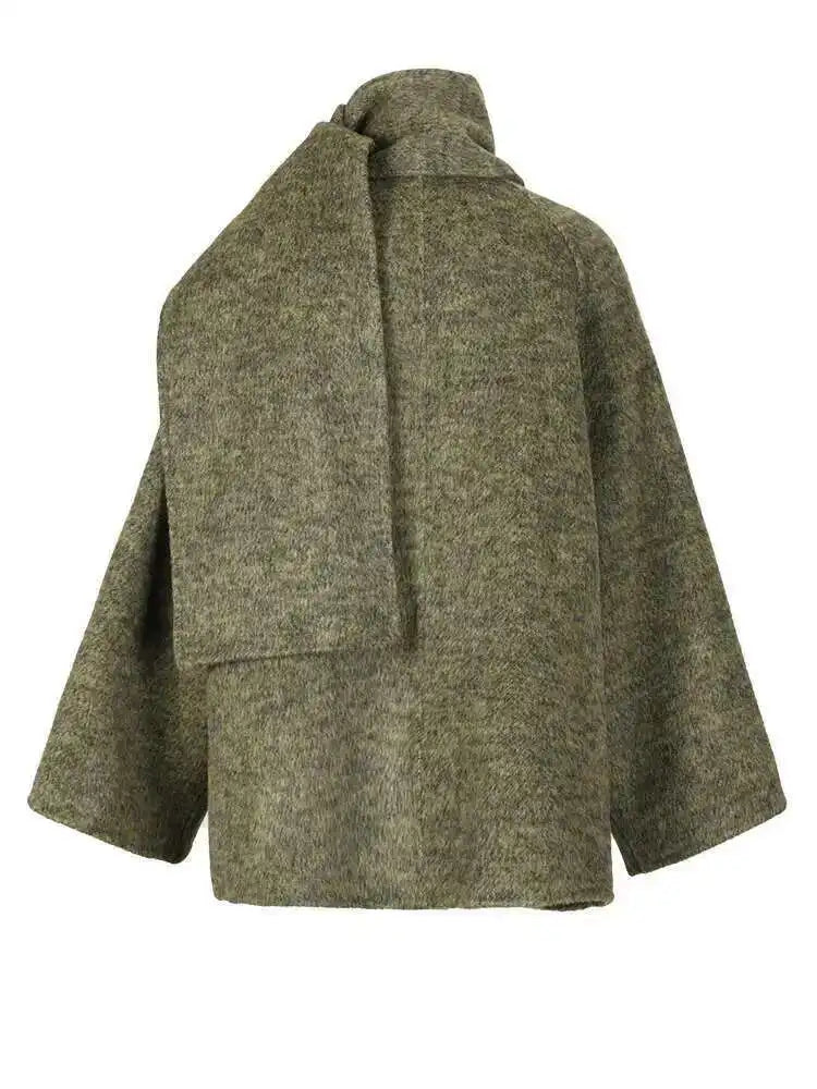 Green Big Size With Scarf Woolen Coat New Round Neck Long Sleeve Women Jacket Fashion Tide Autumn Winter 2025 2DA2386