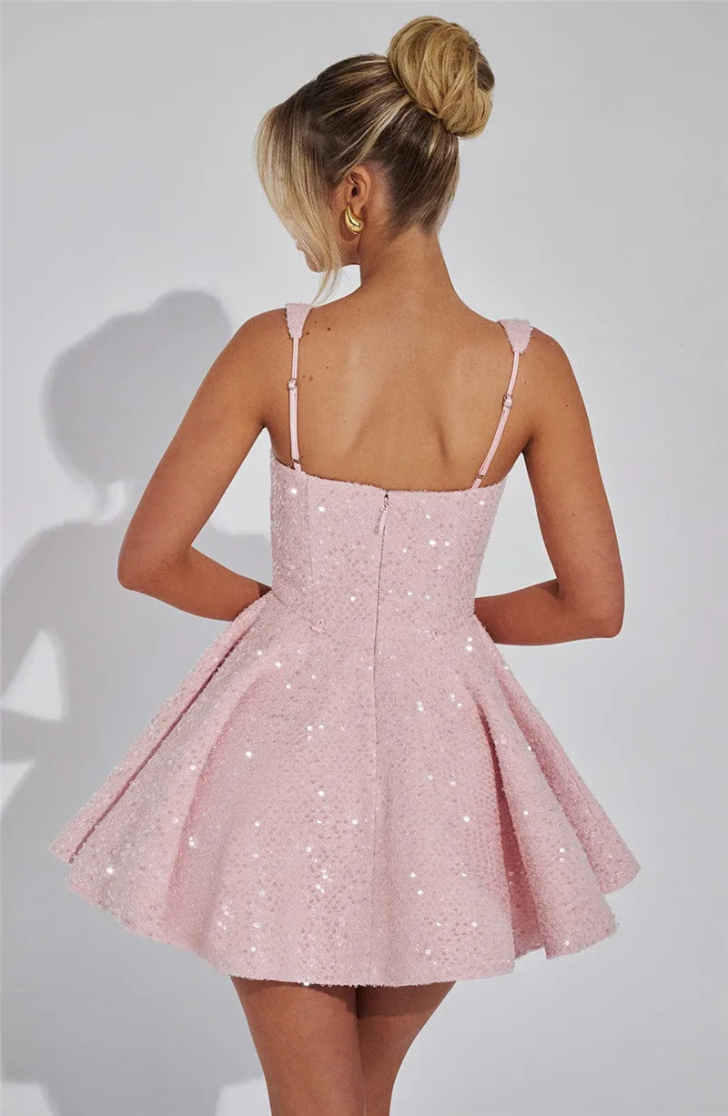 Sequins Bow Backless Sexy Mini Dress For Women Robe Fashion Square Collar Sleeveless High Waist A-line Club Dress