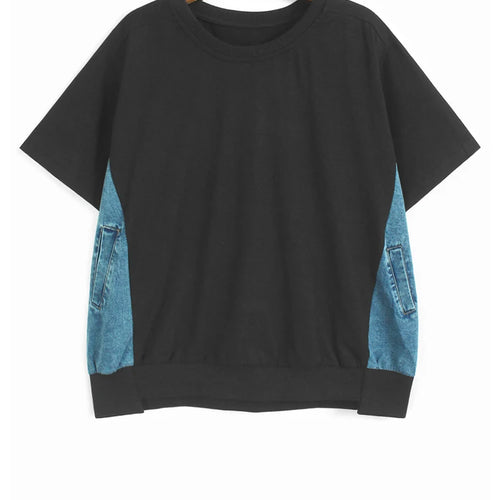 Load image into Gallery viewer, Women Gray Denim Color-block Big Size Casual T-shirt New Round Neck Short Sleeve Fashion Tide Spring Summer 2025 1DJ1584

