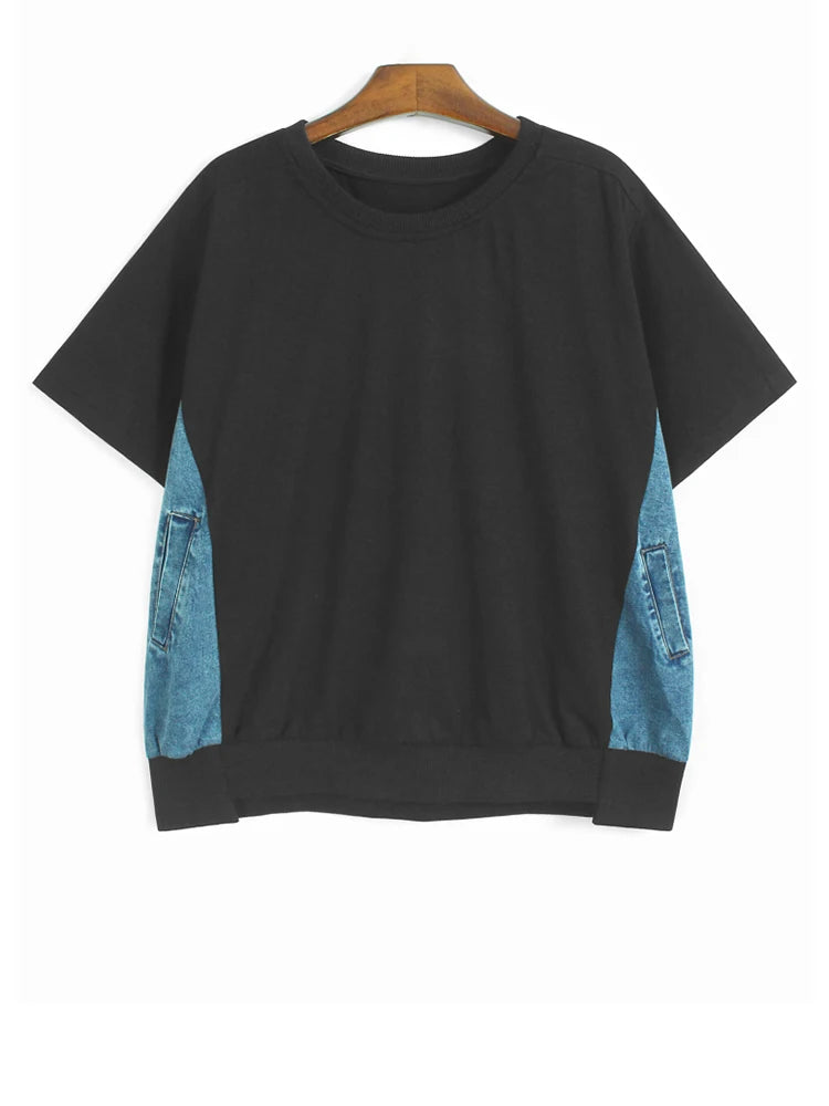 Women Gray Denim Color-block Big Size Casual T-shirt New Round Neck Short Sleeve Fashion Tide Spring Summer 2025 1DJ1584