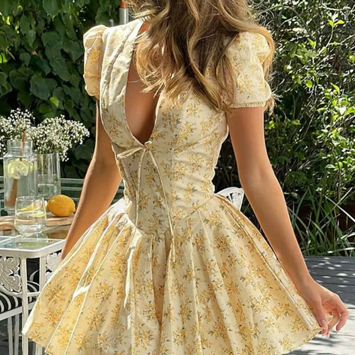 Load image into Gallery viewer, Deep V Neck Print Sexy Mini Dress For Women Fashion Lace-up Short Sleeve A-line Pleated Dress Elegant New Clothes
