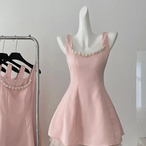 Load image into Gallery viewer, Summer 2024 Retro Pink Mesh Pearl Bead Sleeveless Backless Elegant Sexy Prom Dress Women Clothes Birthday Party Slip Short Dress
