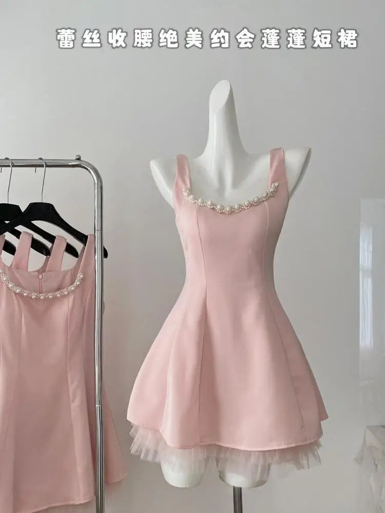 Summer 2024 Retro Pink Mesh Pearl Bead Sleeveless Backless Elegant Sexy Prom Dress Women Clothes Birthday Party Slip Short Dress