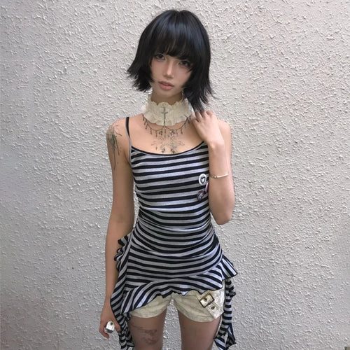 Load image into Gallery viewer, Japanese Y2k Striped Tank Top Trashy 2000s Style Irregular Cami Tops Vintage Harajuku Tassel Tanktops American Retro 90s
