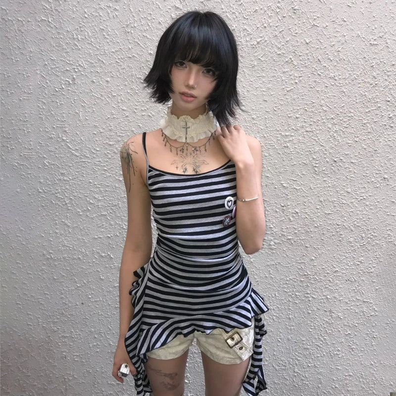 Japanese Y2k Striped Tank Top Trashy 2000s Style Irregular Cami Tops Vintage Harajuku Tassel Tanktops American Retro 90s