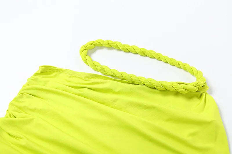 Green Sexy Two Piece Sets Women Oblique Shoulder Crop Tops And Maxi Skirt Female Thigh High Split Ruched Long Dress