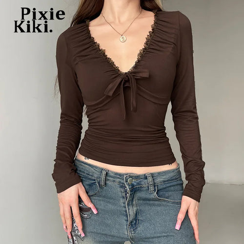 Load image into Gallery viewer, Brown Lace Trim Deep V Neck Long Sleeve Tops Women 2024 Fall Clothing Retro Y2k 2000s T Shirts P67-BB14
