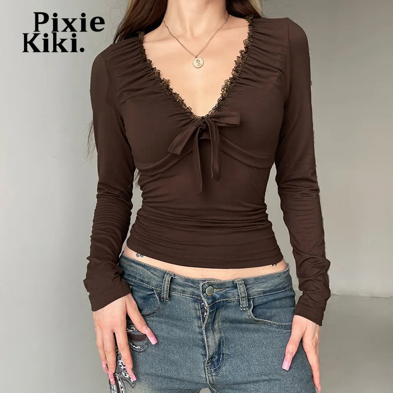 Brown Lace Trim Deep V Neck Long Sleeve Tops Women 2024 Fall Clothing Retro Y2k 2000s T Shirts P67-BB14