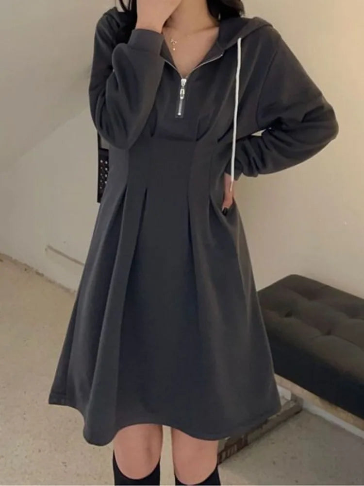 Korean School Sport Oversize Hood Dress Women Kpop Fashion Streetwear Design Student Mini Short Dresses Autumn