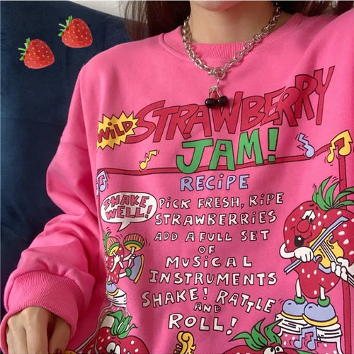 Load image into Gallery viewer, S-2XL Autumn Harajuku Retro Casual O-Neck Pullover Sweet Strawberry Print Top Women Loose Streetwear Sweatshirt High Quality
