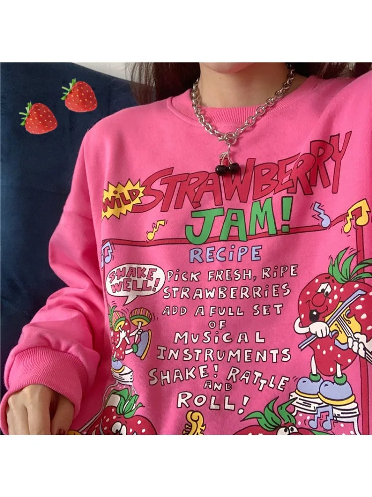 S-2XL Autumn Harajuku Retro Casual O-Neck Pullover Sweet Strawberry Print Top Women Loose Streetwear Sweatshirt High Quality