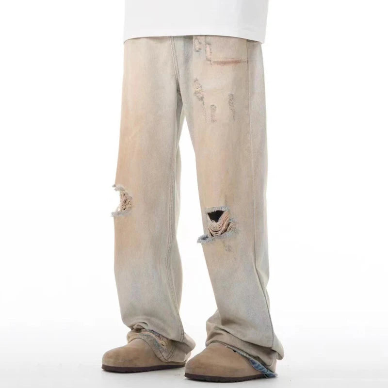 Men's Jeans Washed Distressed New American High Streeet Style Worn-out Loose Hole Trendy Male Casual Trousers 9W1823