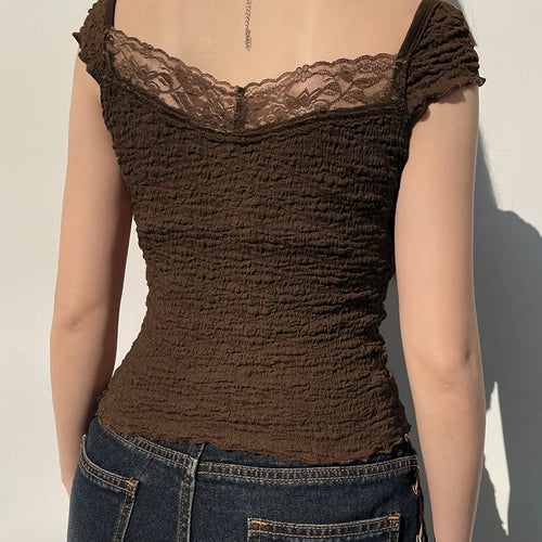 Load image into Gallery viewer, Y2K Vintage Aesthetic Bow Brown Summer T shirt Women Chic Shirred Lace Trim Crop Top Korean 90s Tee Shirts Stitch New
