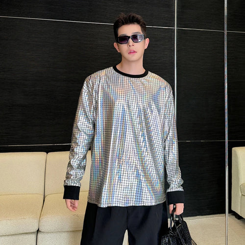 Load image into Gallery viewer, Korean Men&#39;s Round Collar T-shirt Fashion Bright Face Design Plaid Trend Long Sleeve T-shirts Pullover Top Trend 9C5122
