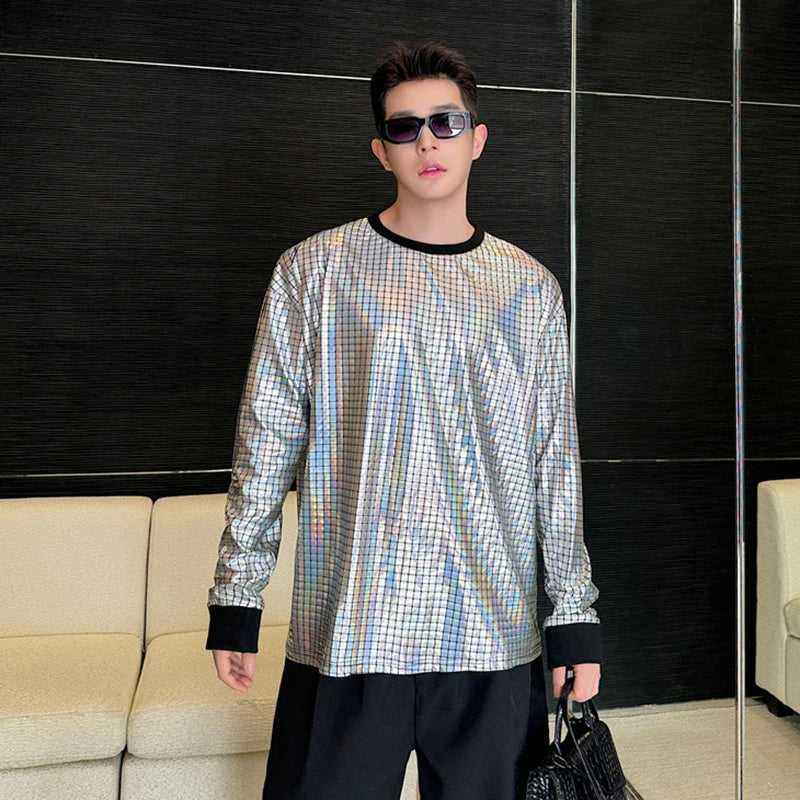 Korean Men's Round Collar T-shirt Fashion Bright Face Design Plaid Trend Long Sleeve T-shirts Pullover Top Trend 9C5122