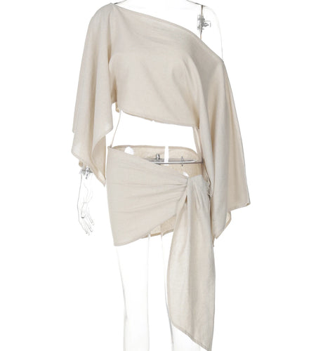 Fashion 2 Pcs Sets Solid Skew Collar Long Flare Sleeve Sexy Crop Top Bandage Skirt Irregular Fall Outfit Beach Festival