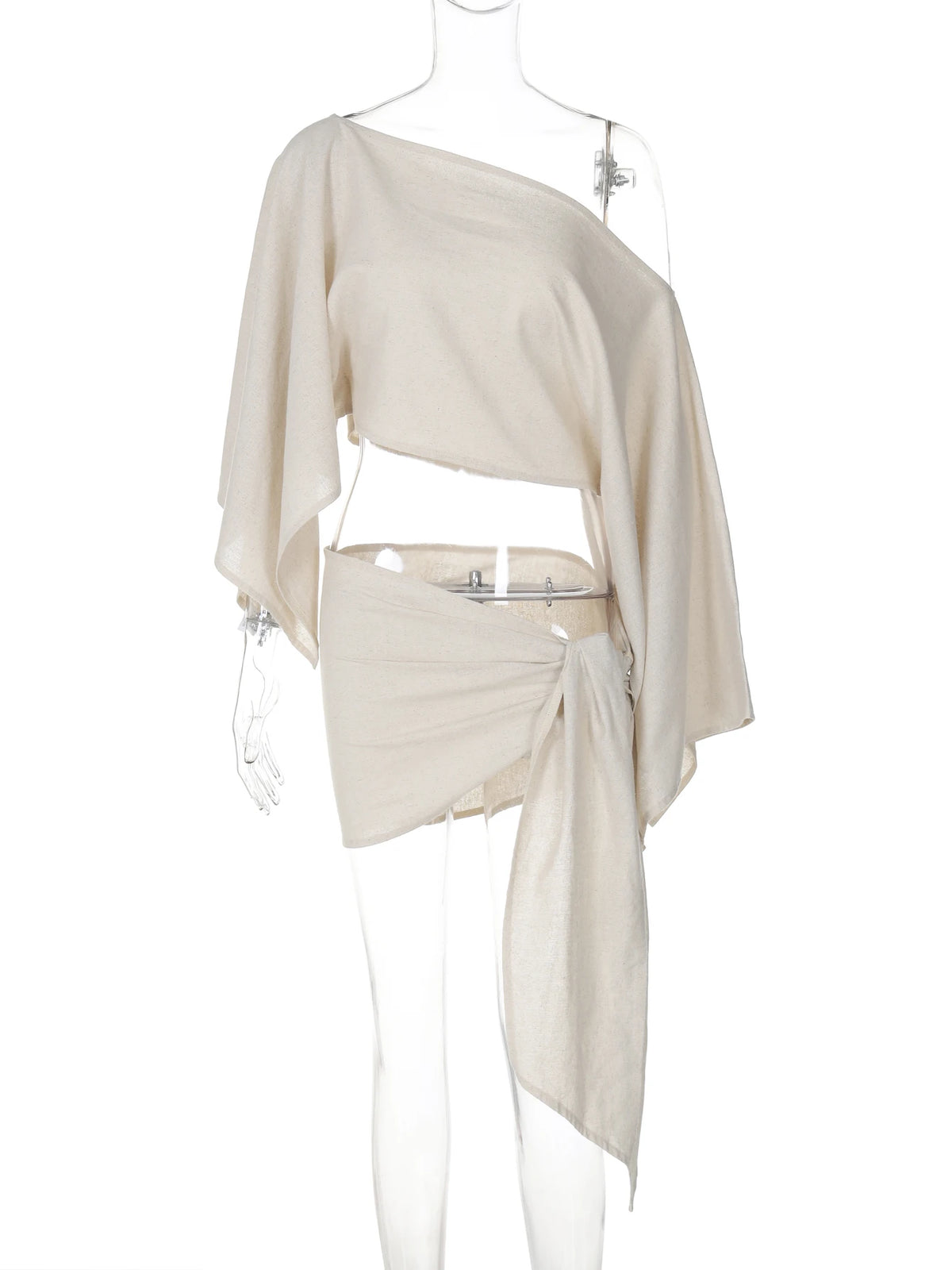 Fashion 2 Pcs Sets Solid Skew Collar Long Flare Sleeve Sexy Crop Top Bandage Skirt Irregular Fall Outfit Beach Festival