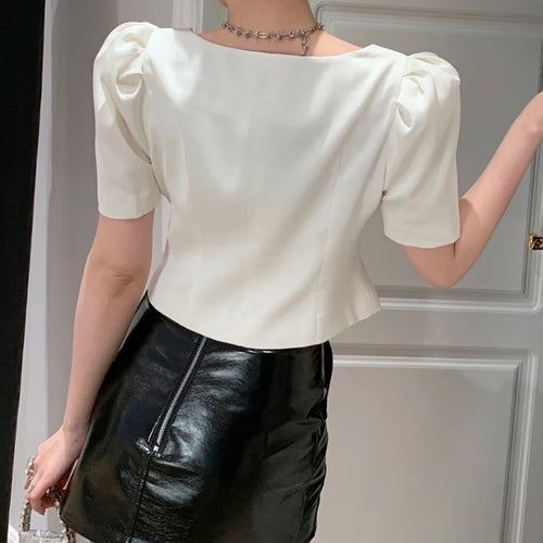 Load image into Gallery viewer, Summer Patchwork Diamonds Shirt For Women V Neck Puff Sleeve Solid Minimalist Blouses Female Fashion Clothing Style
