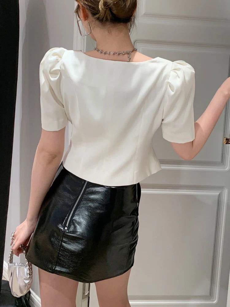 Summer Patchwork Diamonds Shirt For Women V Neck Puff Sleeve Solid Minimalist Blouses Female Fashion Clothing Style