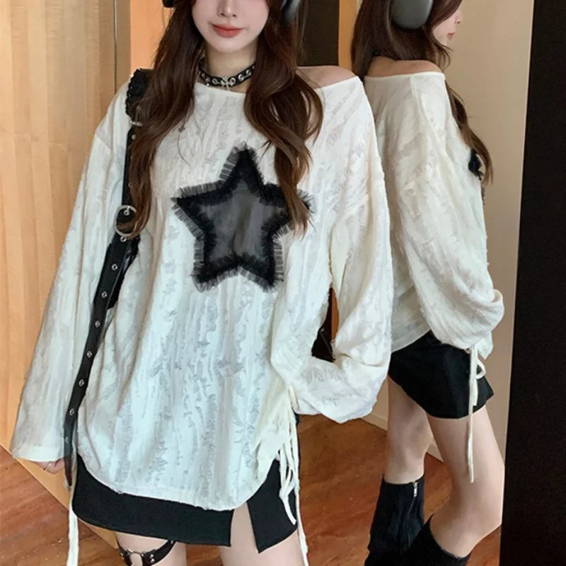 y2k Gothic Tops 2000s Women Clothes Drawstring Star Patch Ripped Long Sleeves T Shirts Grunge Clothing Streetwear