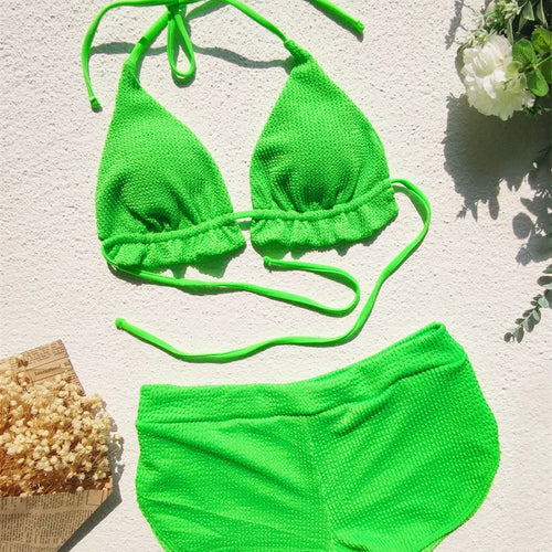 Load image into Gallery viewer, Para Praia 2024 Green Halter V Neck Bikini Set Push Up Female Swimsuit High Waist Women Swimwear Banage Bathing Suit
