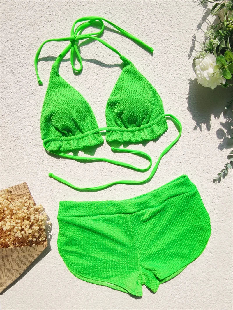 Para Praia 2024 Green Halter V Neck Bikini Set Push Up Female Swimsuit High Waist Women Swimwear Banage Bathing Suit