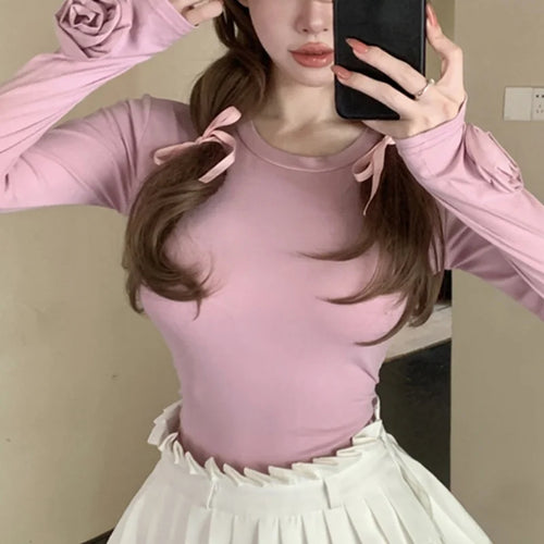 Load image into Gallery viewer, y2k Aesthetic Tops Women Clothes Solid Color Round Neck Long Sleeve T Shirt with 3D Flower 2000s Clothing Club Wear
