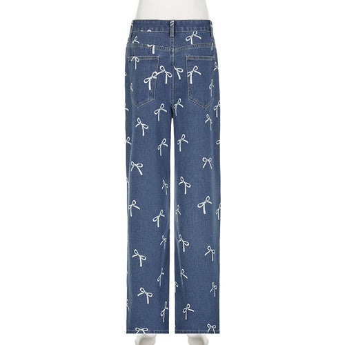 Load image into Gallery viewer, Korean Fashion Bow Pattern Printed Women Jeans Low Waisted Straight Leg Denim Trousers Cute Sweet Harajuku Sweatpants
