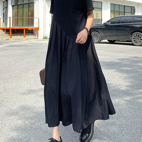 Load image into Gallery viewer, Women Black Irregular Pleated Big Size Midi Dress New Round Neck Short Sleeve Fashion Tide Spring Summer 2025 1DJ0851
