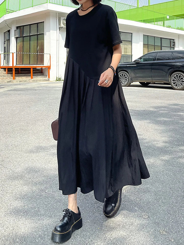 Women Black Irregular Pleated Big Size Midi Dress New Round Neck Short Sleeve Fashion Tide Spring Summer 2025 1DJ0851