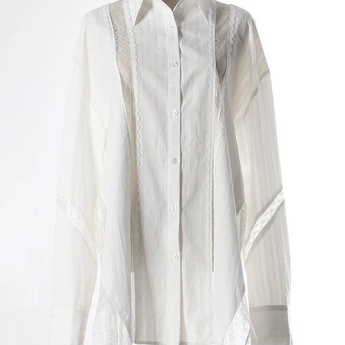 Load image into Gallery viewer, Women White Striped Lace Hollow Out Big Size Blouse New Lapel Long Sleeve Shirt Fashion Tide Spring Autumn 2025 7AB9277
